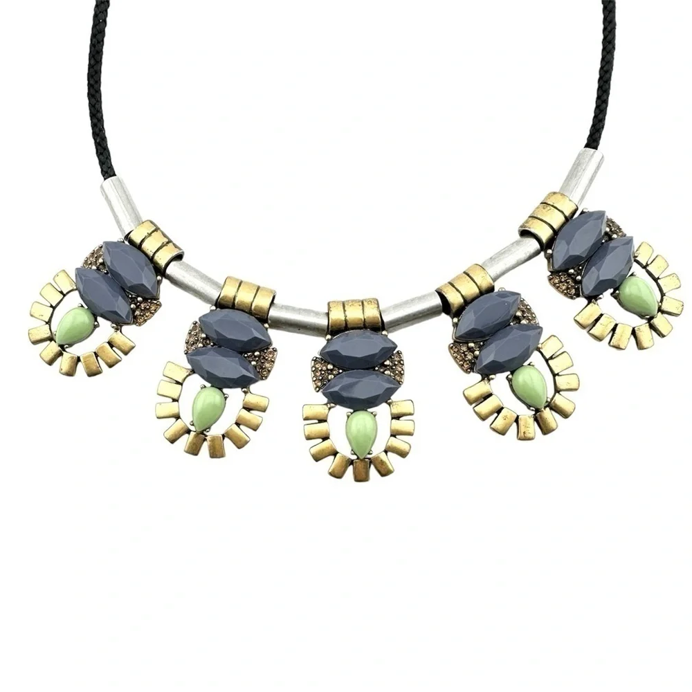 J Crew Necklace, Slate Mint Green w Silver & Gold Tone Metal Slide & Black Cord